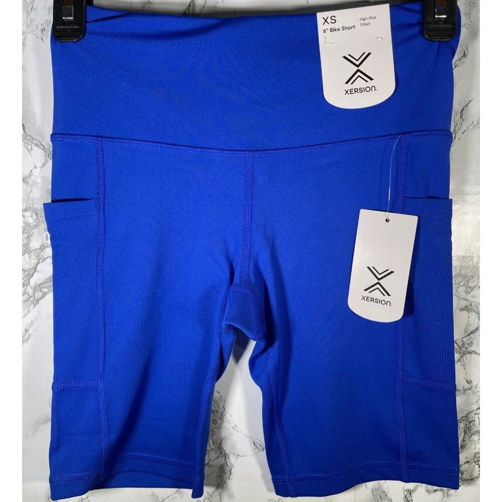 Xersion Womens Sz XS Bike Shorts Blue High-Rise 8" Pockets - Quick-Dri